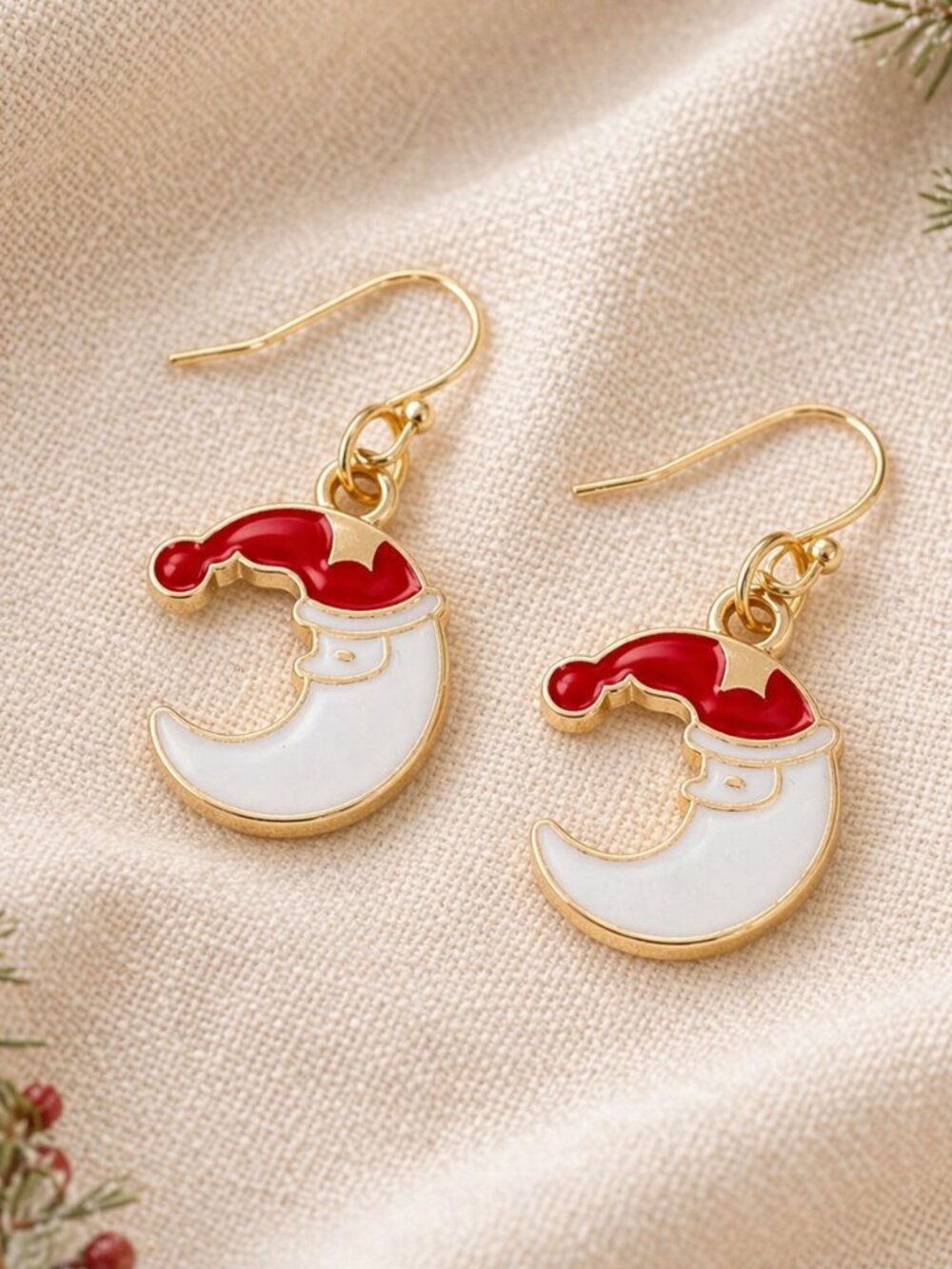 Santa Crescent Moon Dangle Earrings Christmas Enamel Gold Holiday Gift